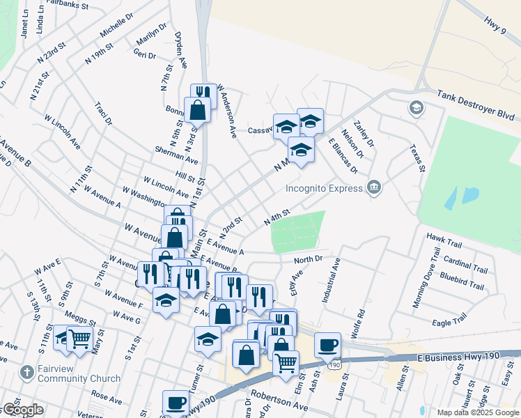 map of restaurants, bars, coffee shops, grocery stores, and more near 708 North 2nd Street in Copperas Cove