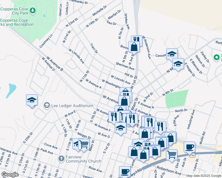 map of restaurants, bars, coffee shops, grocery stores, and more near 402 West Avenue A in Copperas Cove