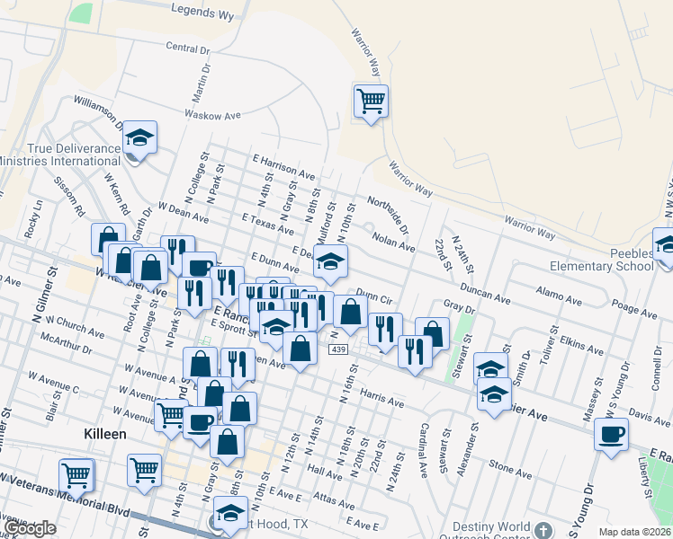 map of restaurants, bars, coffee shops, grocery stores, and more near 504 East Dean Avenue in Killeen