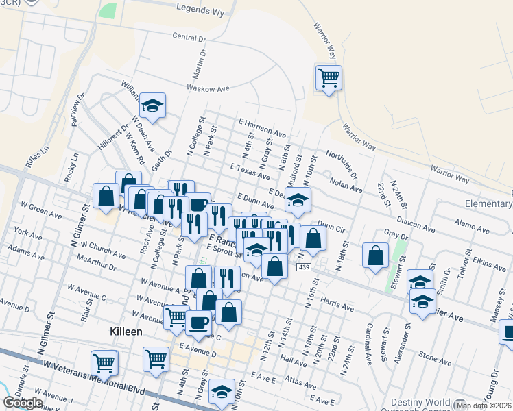 map of restaurants, bars, coffee shops, grocery stores, and more near 306 East Dunn Avenue in Killeen