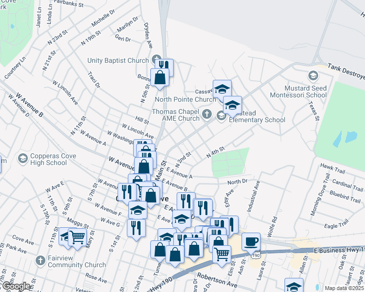 map of restaurants, bars, coffee shops, grocery stores, and more near 106 East Reagan Avenue in Copperas Cove