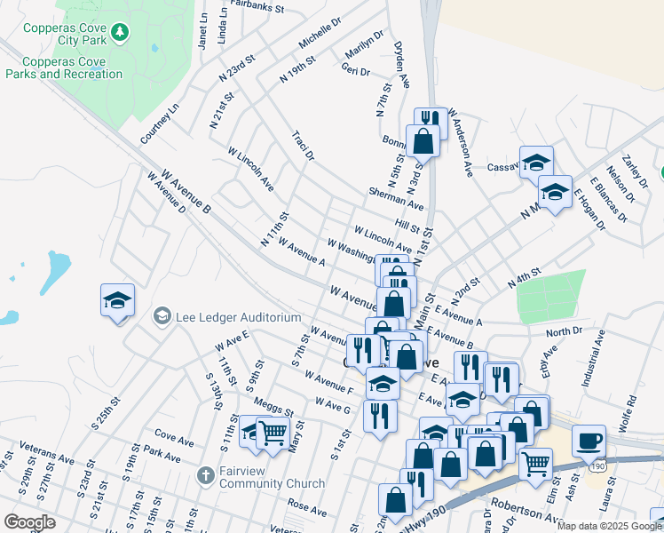 map of restaurants, bars, coffee shops, grocery stores, and more near 519 West Avenue A in Copperas Cove