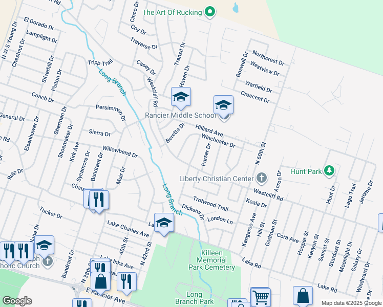 map of restaurants, bars, coffee shops, grocery stores, and more near 2305 Dickens Drive in Killeen