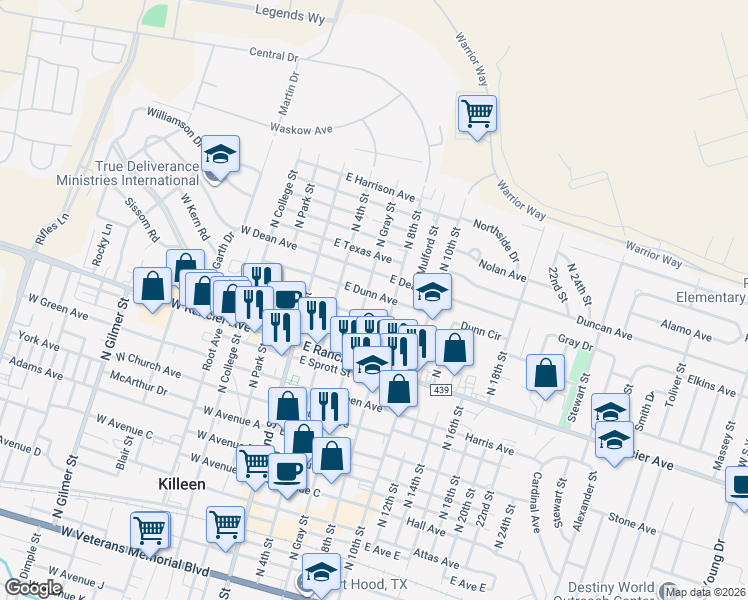 map of restaurants, bars, coffee shops, grocery stores, and more near 306 East Dunn Avenue in Killeen