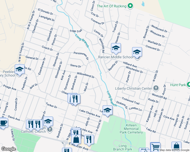 map of restaurants, bars, coffee shops, grocery stores, and more near 1910 Willowbend Drive in Killeen