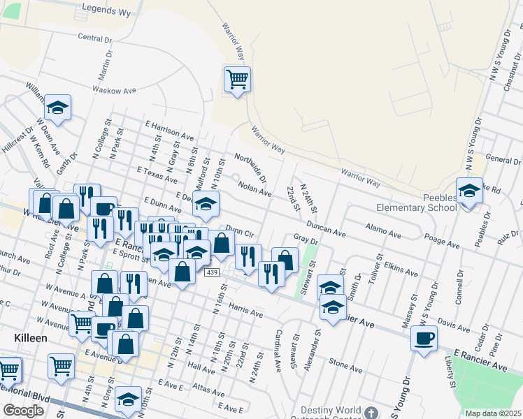map of restaurants, bars, coffee shops, grocery stores, and more near 808 Duncan Avenue in Killeen