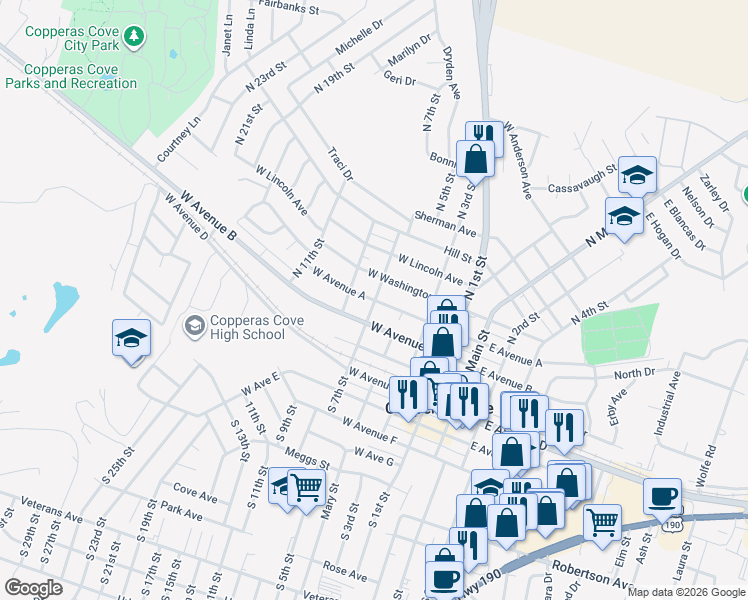map of restaurants, bars, coffee shops, grocery stores, and more near 519 West Avenue A in Copperas Cove