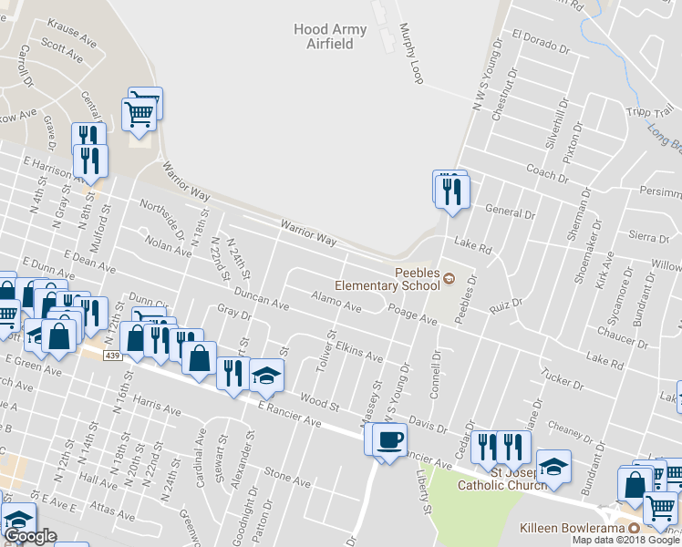 map of restaurants, bars, coffee shops, grocery stores, and more near 1705 Poage Avenue in Killeen