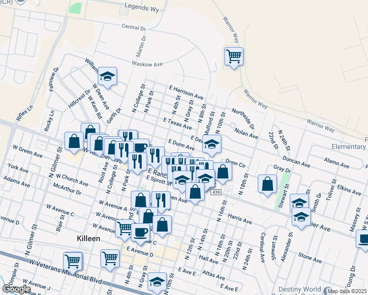 map of restaurants, bars, coffee shops, grocery stores, and more near 306 East Dunn Avenue in Killeen