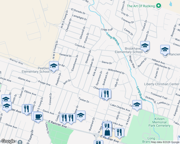 map of restaurants, bars, coffee shops, grocery stores, and more near 1906 Shoemaker Drive in Killeen