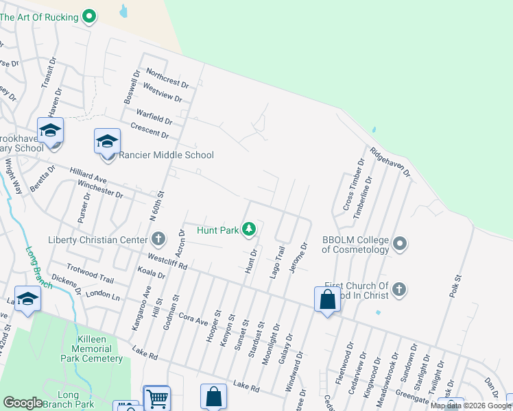map of restaurants, bars, coffee shops, grocery stores, and more near 4504 Whitmire Lane in Killeen