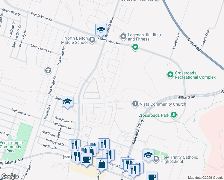 map of restaurants, bars, coffee shops, grocery stores, and more near 977 Aurora Grove Bend in Temple
