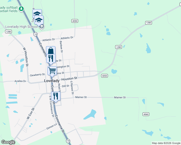 map of restaurants, bars, coffee shops, grocery stores, and more near 710 Nelms Street in Lovelady