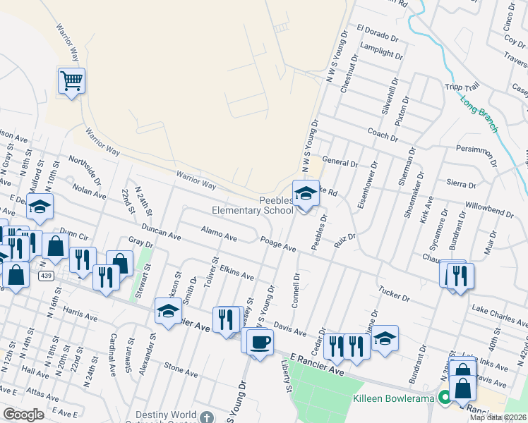 map of restaurants, bars, coffee shops, grocery stores, and more near 2003 White Avenue in Killeen