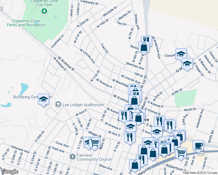 map of restaurants, bars, coffee shops, grocery stores, and more near 519 West Avenue A in Copperas Cove