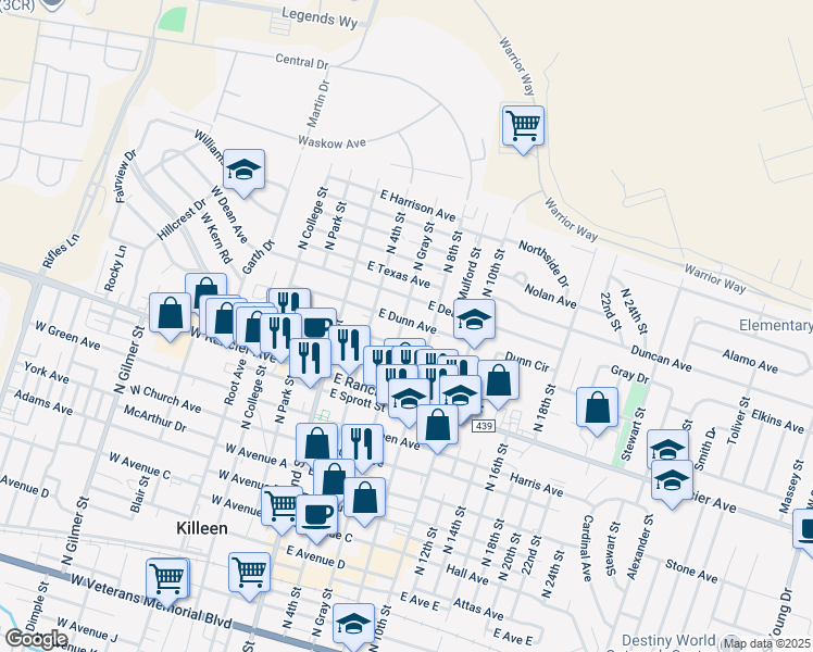 map of restaurants, bars, coffee shops, grocery stores, and more near 306 East Dunn Avenue in Killeen
