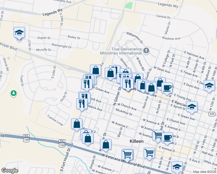 map of restaurants, bars, coffee shops, grocery stores, and more near 823 Garner Avenue in Killeen