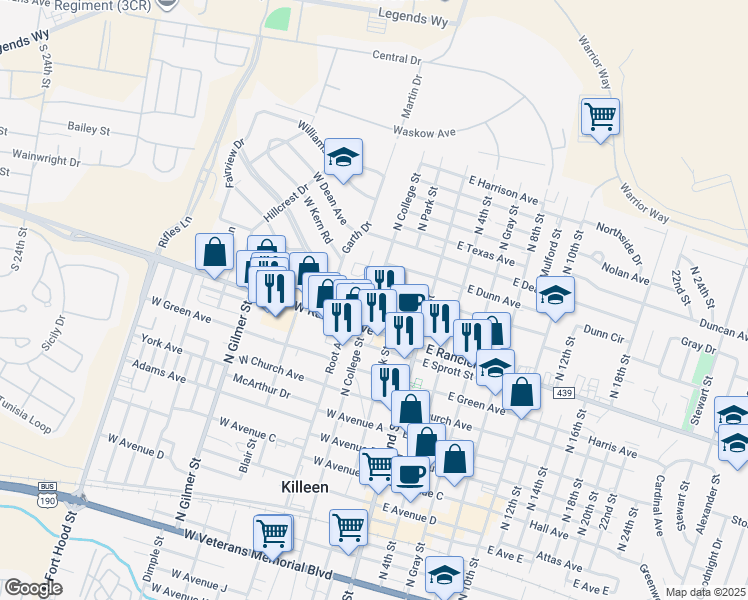 map of restaurants, bars, coffee shops, grocery stores, and more near 207 West Young Avenue in Killeen