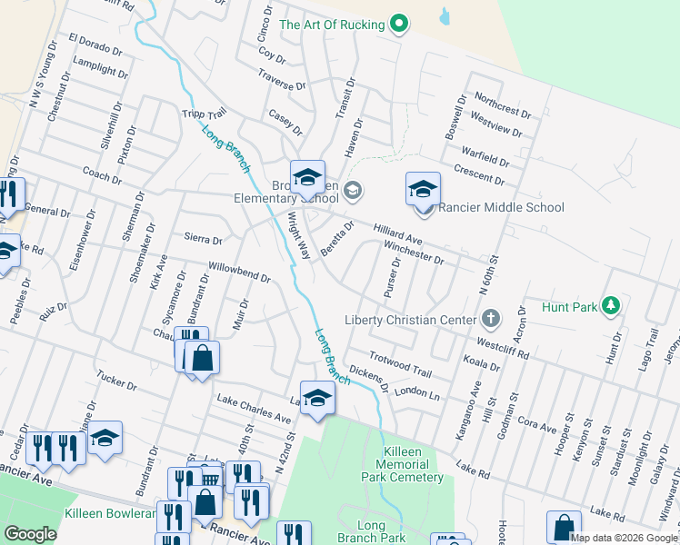 map of restaurants, bars, coffee shops, grocery stores, and more near 2301 Kilgore Drive in Killeen