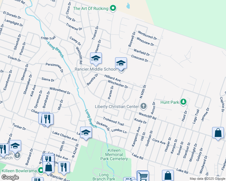 map of restaurants, bars, coffee shops, grocery stores, and more near 2502 Purser Drive in Killeen