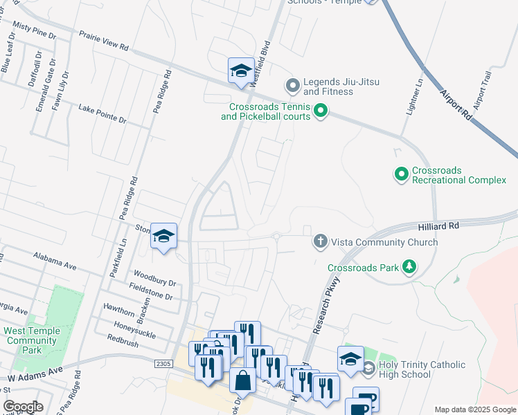 map of restaurants, bars, coffee shops, grocery stores, and more near 977 Aurora Grove Bend in Temple