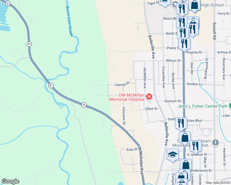 map of restaurants, bars, coffee shops, grocery stores, and more near 604 Edgewood Drive in Brewton