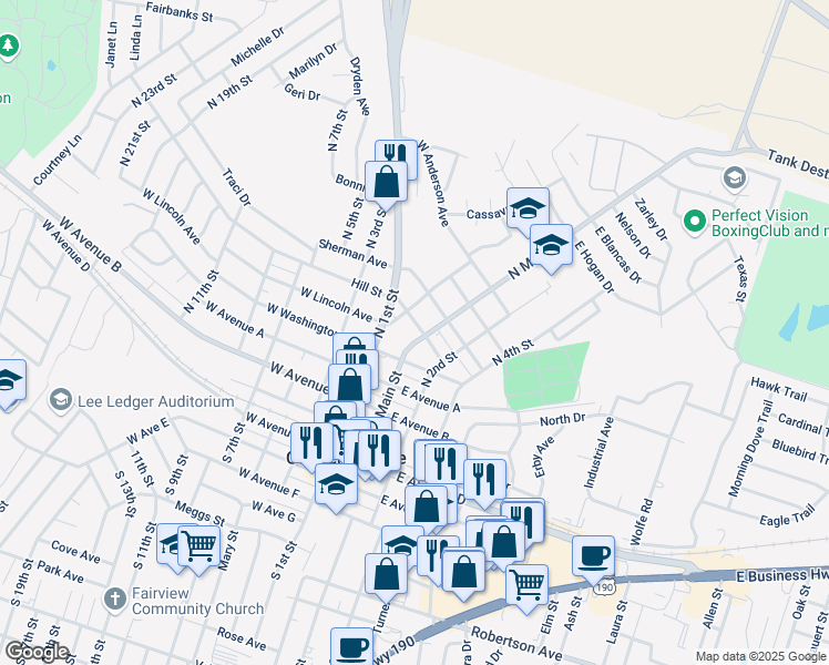 map of restaurants, bars, coffee shops, grocery stores, and more near 602 East Truman Avenue in Copperas Cove