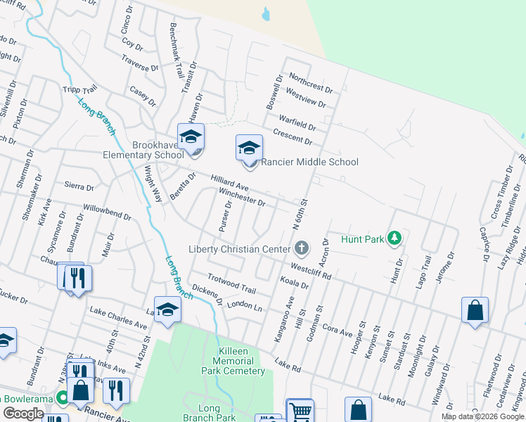 map of restaurants, bars, coffee shops, grocery stores, and more near 2602 Marlin Drive in Killeen