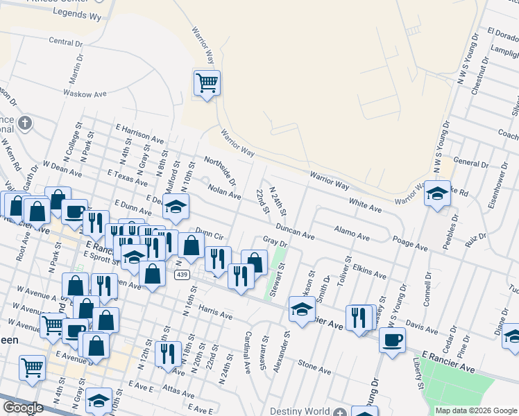 map of restaurants, bars, coffee shops, grocery stores, and more near 1105 Duncan Avenue in Killeen