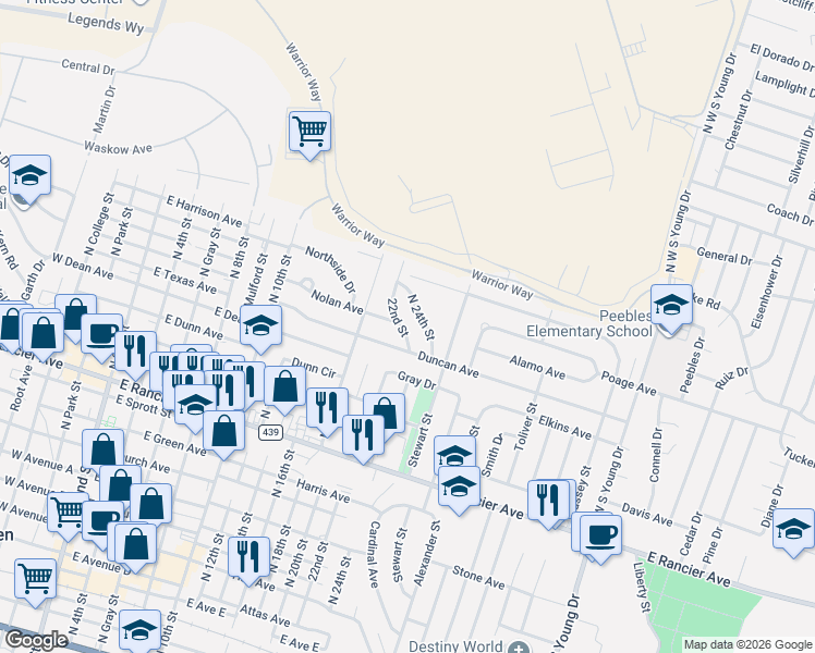 map of restaurants, bars, coffee shops, grocery stores, and more near 1605 North 24th Street in Killeen