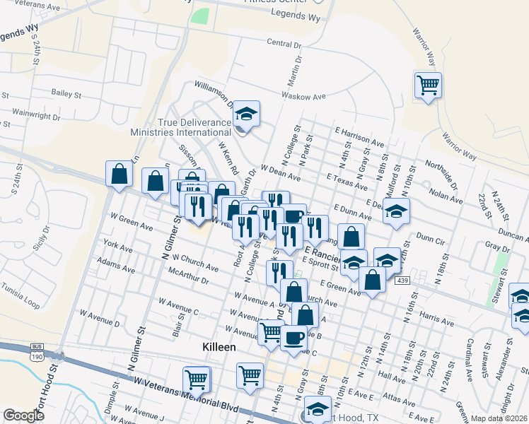 map of restaurants, bars, coffee shops, grocery stores, and more near 1014 Root Avenue in Killeen