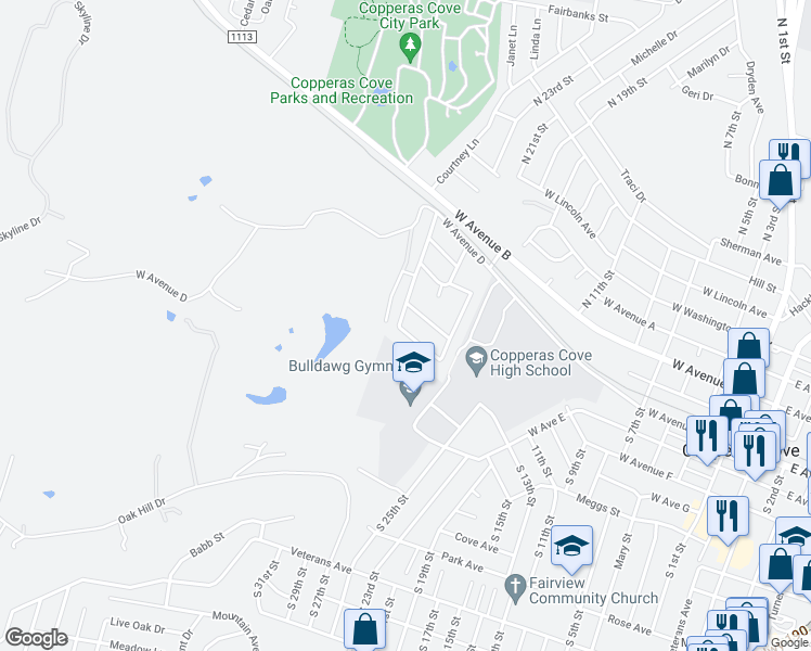map of restaurants, bars, coffee shops, grocery stores, and more near 310 Myra Lou Avenue in Copperas Cove