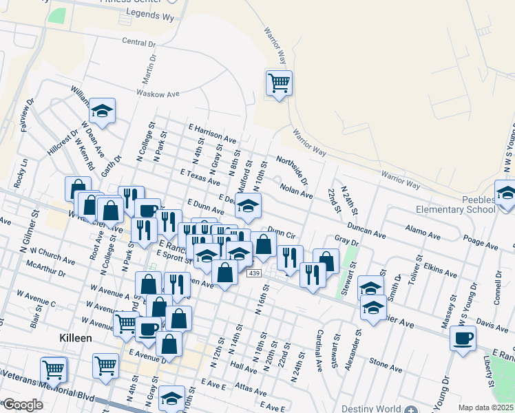 map of restaurants, bars, coffee shops, grocery stores, and more near 503 East Dean Avenue in Killeen