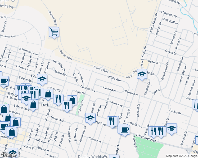 map of restaurants, bars, coffee shops, grocery stores, and more near 1510 Poage Avenue in Killeen