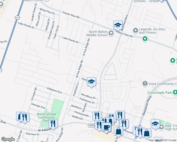 map of restaurants, bars, coffee shops, grocery stores, and more near 901 North Pea Ridge Road in Temple