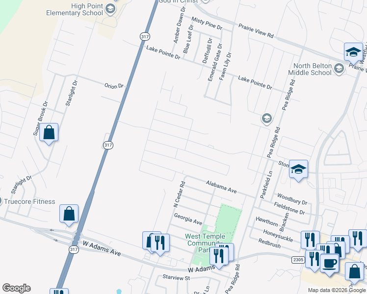 map of restaurants, bars, coffee shops, grocery stores, and more near 8703 Stonehollow in Temple