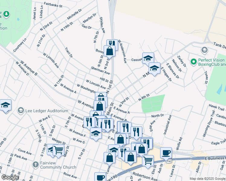 map of restaurants, bars, coffee shops, grocery stores, and more near 602 East Truman Avenue in Copperas Cove