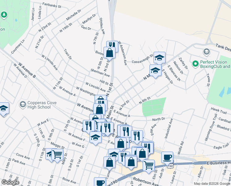 map of restaurants, bars, coffee shops, grocery stores, and more near 602 East Truman Avenue in Copperas Cove