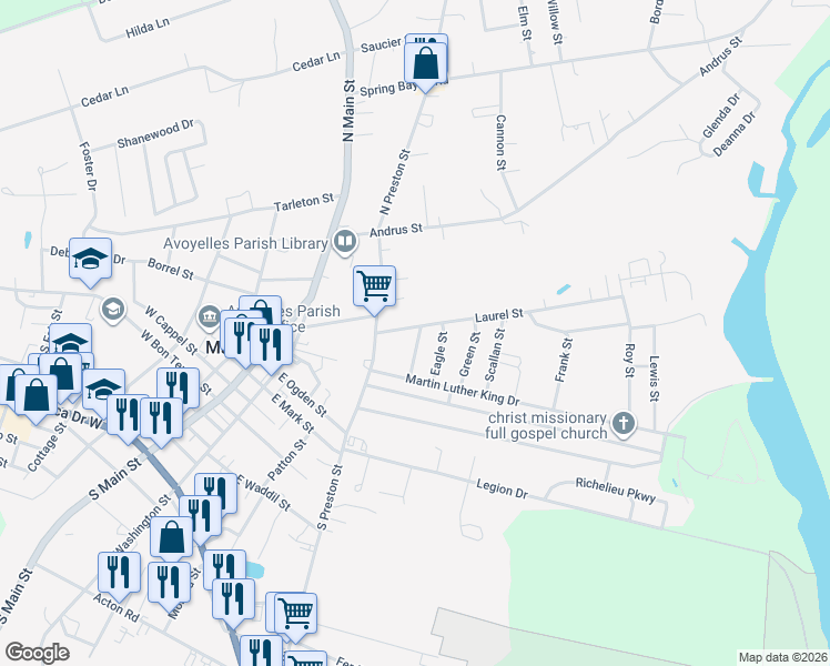 map of restaurants, bars, coffee shops, grocery stores, and more near 436 Charles Street in Marksville