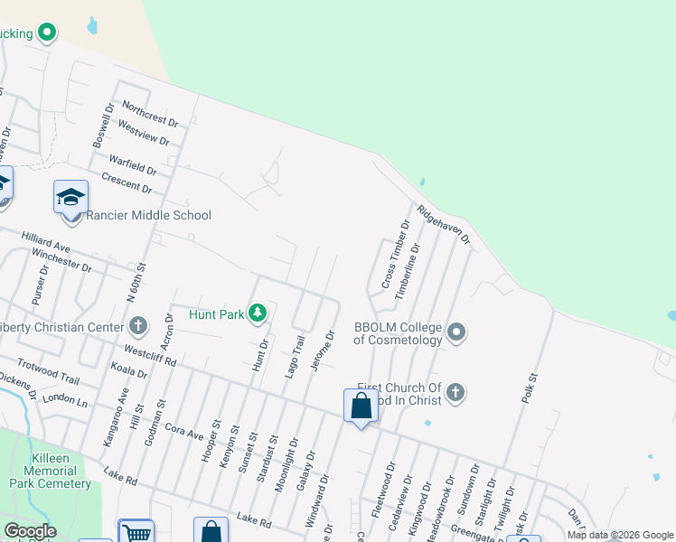 map of restaurants, bars, coffee shops, grocery stores, and more near 2506 Ridglea Court in Killeen
