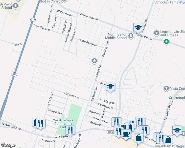 map of restaurants, bars, coffee shops, grocery stores, and more near 628 Parkfield Lane in Temple