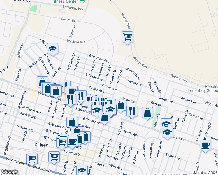map of restaurants, bars, coffee shops, grocery stores, and more near 1300 North 8th Street in Killeen
