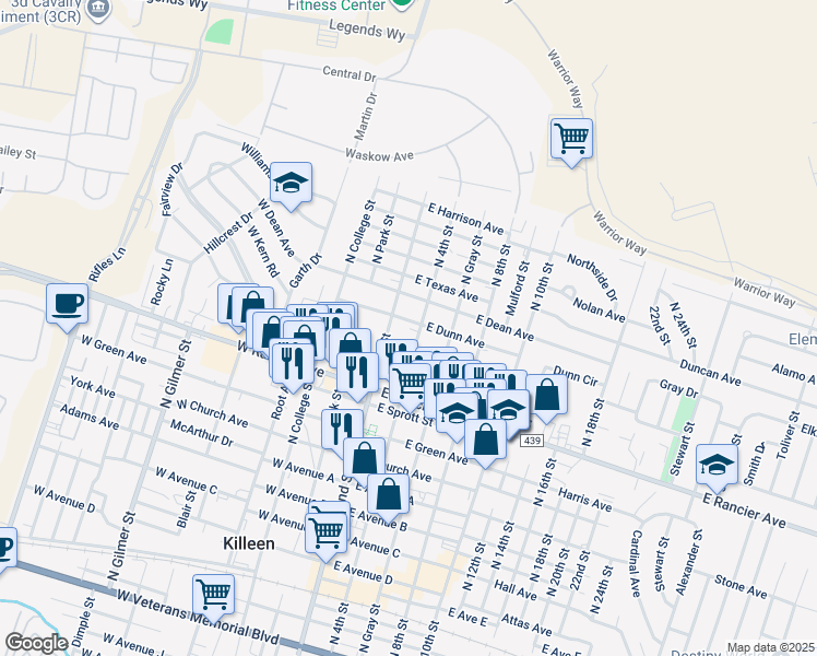 map of restaurants, bars, coffee shops, grocery stores, and more near 1202 North 4th Street in Killeen