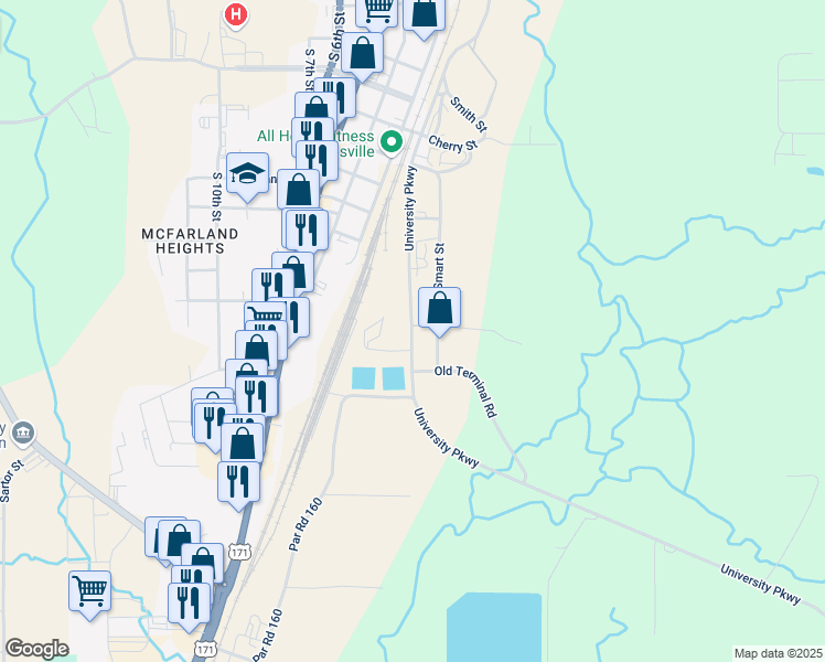 map of restaurants, bars, coffee shops, grocery stores, and more near 1407 University Parkway in Leesville