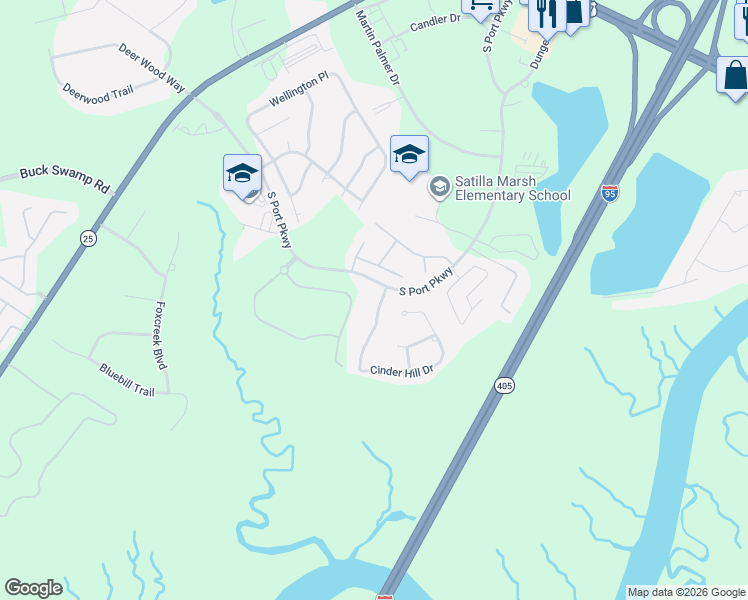 map of restaurants, bars, coffee shops, grocery stores, and more near 113 Enclave Way West in Brunswick