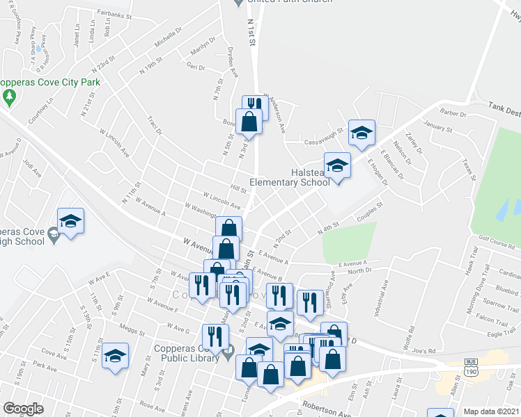map of restaurants, bars, coffee shops, grocery stores, and more near 602 East Truman Avenue in Copperas Cove