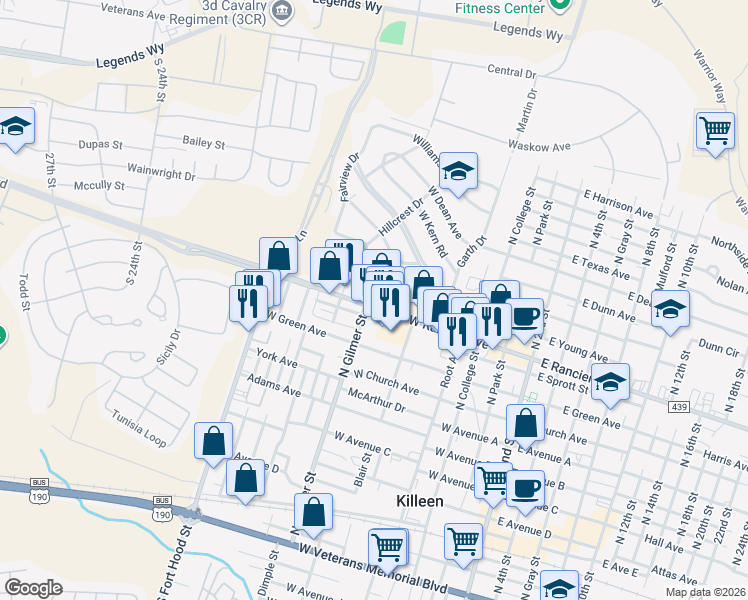 map of restaurants, bars, coffee shops, grocery stores, and more near 816 North Gilmer Street in Killeen