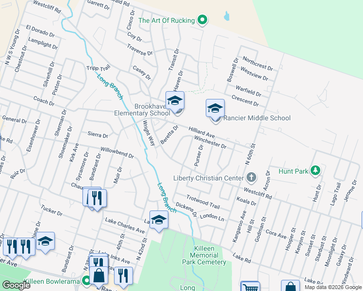 map of restaurants, bars, coffee shops, grocery stores, and more near 2305 Dickens Drive in Killeen