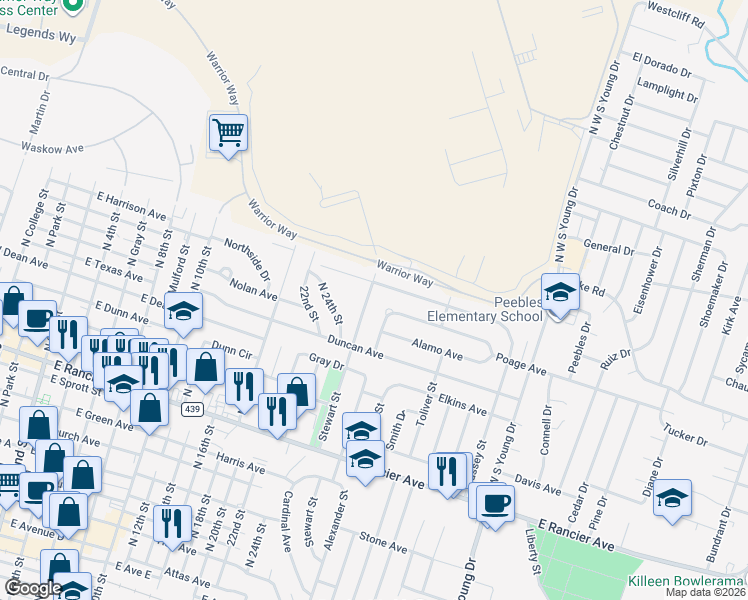 map of restaurants, bars, coffee shops, grocery stores, and more near 1708 Stewart Street in Killeen