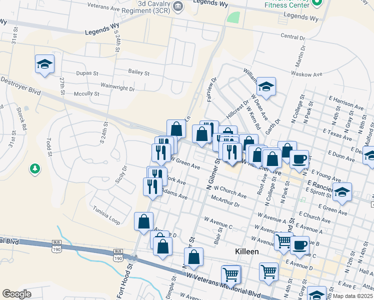 map of restaurants, bars, coffee shops, grocery stores, and more near 801 Cloud Street in Killeen